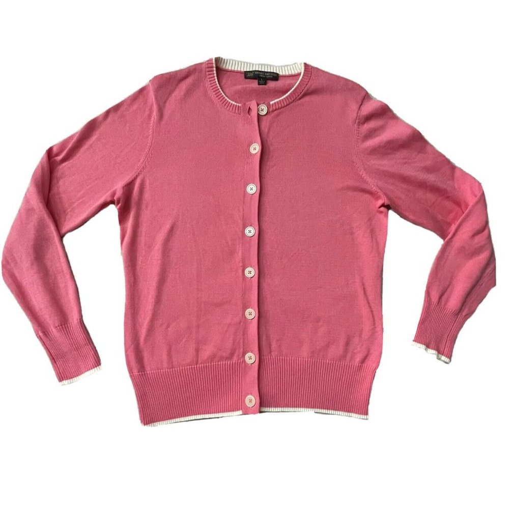 346 Brooks Brothers Cardigan Sweater Button Up Pink White Trim Supima Cotton L